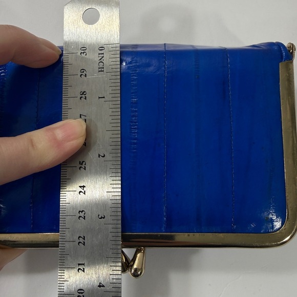 Vintage Coin Purse Eel Skin Clam Shell Make Up Bag Kiss Lock Frame Mirrored Blue - Picture 14 of 15